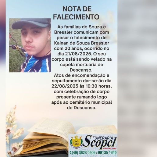 Velório de jovem que caiu de telhado será em Descanso nesta sexta