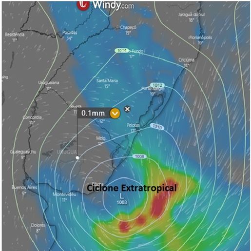 Ciclone extratropical se forma próximo à costa do Uruguai