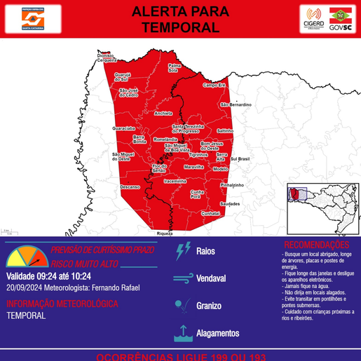Defesa Civil emite alerta vermelho para o Extremo Oeste de SC