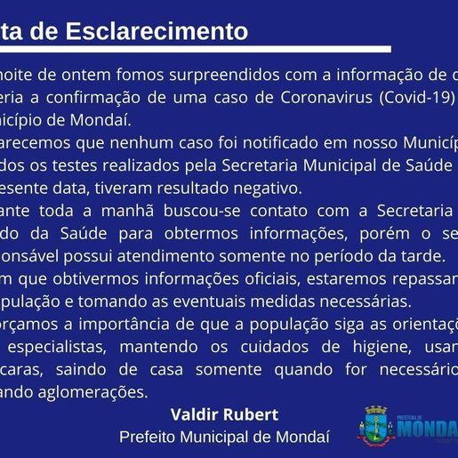 Mondaí esclarece em nota que município não tem confirmação positiva para Covid-19