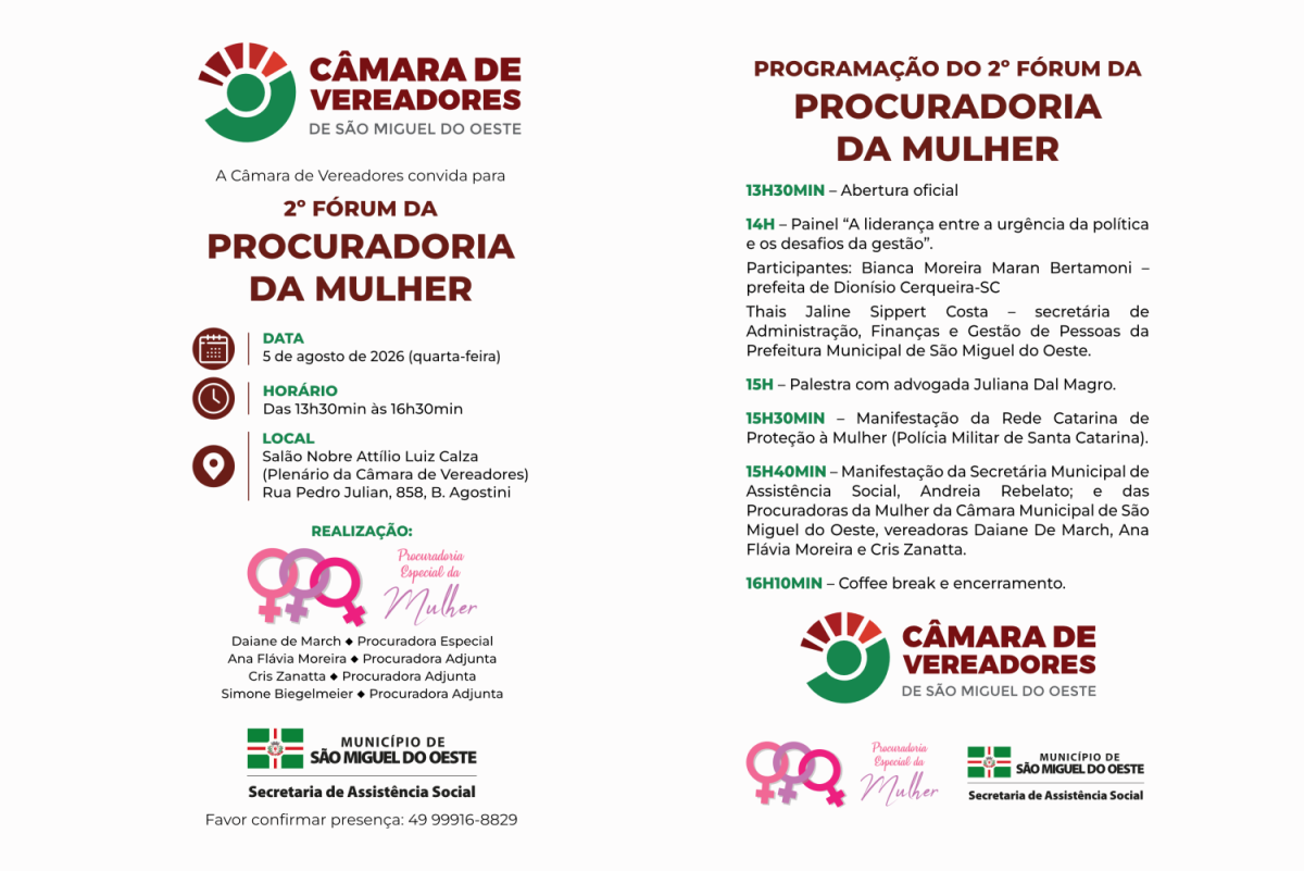 Câmara promove 2º Fórum da Procuradoria da Mulher em São Miguel do Oeste