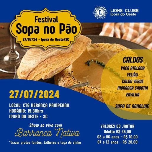 Lions Clube Iporã promove Primeiro Festival da Sopa no Pão neste sábado