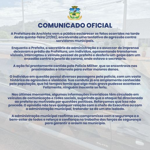 Prefeitura de Anchieta se pronuncia após ataque a carro do prefeito