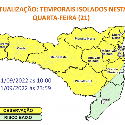 Chuva, rajadas de vento e queda de granizo: SC entra em alerta para temporais nesta quarta