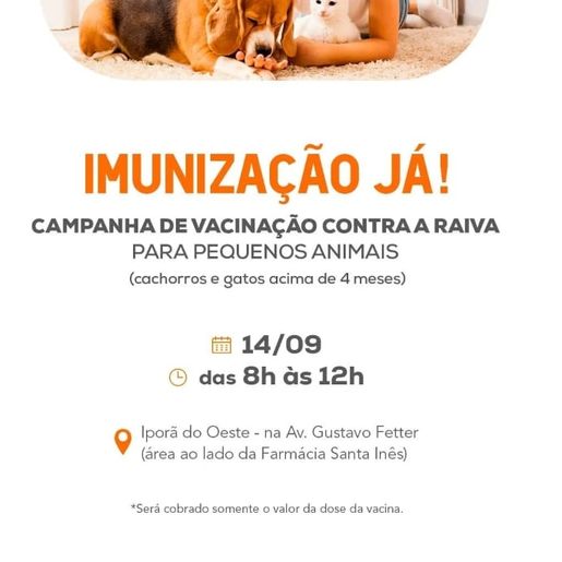 Iporã do Oeste terá vacinação contra raiva neste sábado