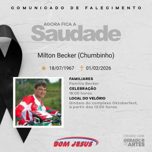 O Adeus de uma Lenda, Chumbinho será velado a partir das 13h em Itapiranga