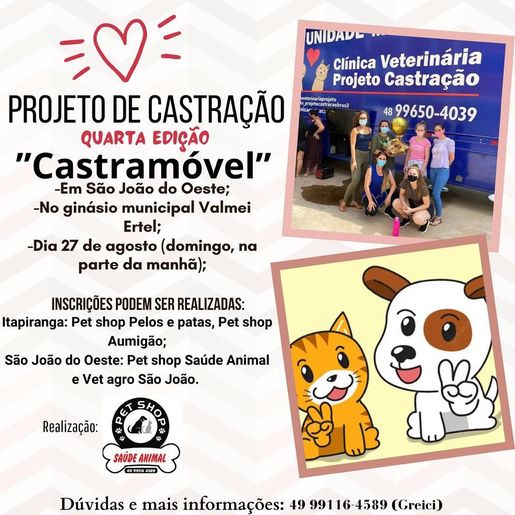 Mutirão de castração de cães e gatos será realizado dia 27, em São João do Oeste