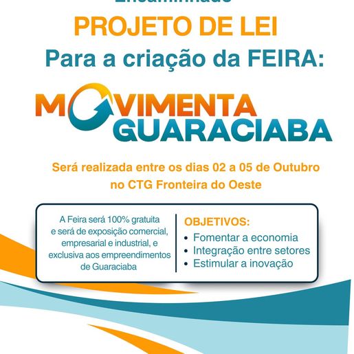 Prefeitura envia à Câmara projeto que cria a Feira Movimenta Guaraciaba