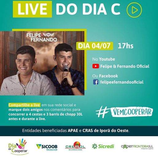 Live musical do Dia C de Cooperar será realizada hoje em Iporã do Oeste