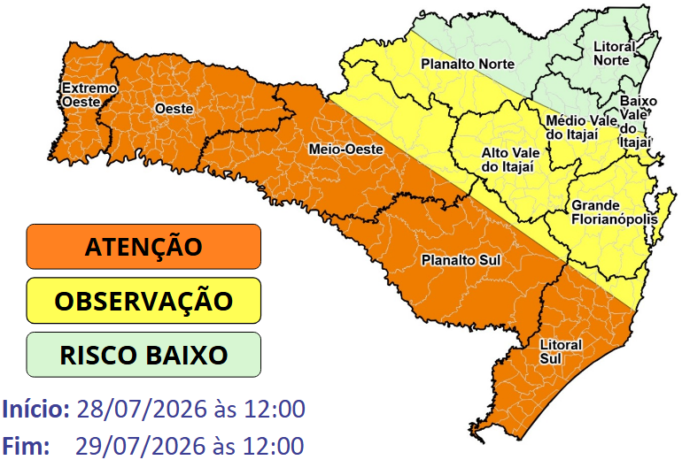 Defesa Civil alerta para temporais e chuva intensa em SC entre terça e quarta-feira