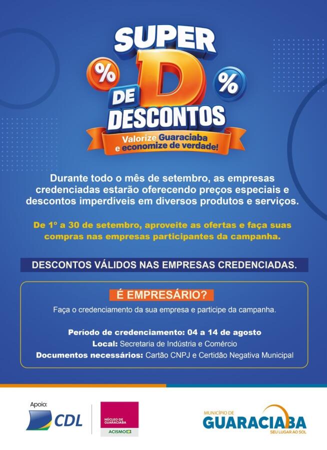 Empresas de Guaraciaba têm até sexta para aderir ao Super D de Descontos