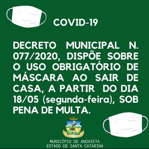 Decreto prevê obrigatoriedade no uso de máscaras de proteção em Anchieta