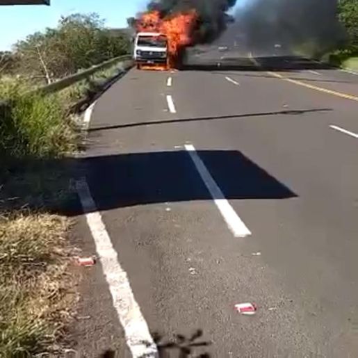 VÍDEO: Caminhão carregado de carne fica destruído por incêndio na SC-157