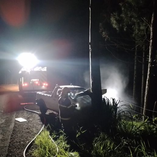 Princípio de incêndio atinge veículo depois de bater em árvore na SC-305