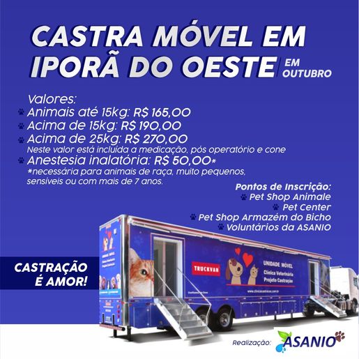 Abertas inscrições para castrações pela carreta do Castra Móvel em Iporã do Oeste