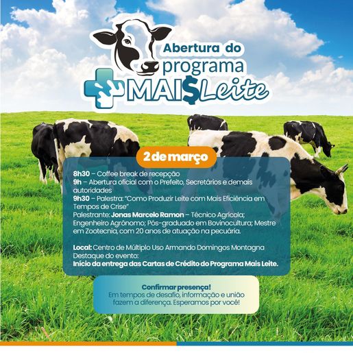 Guaraciaba lança Programa Mais Leite no dia 2 de março com palestra