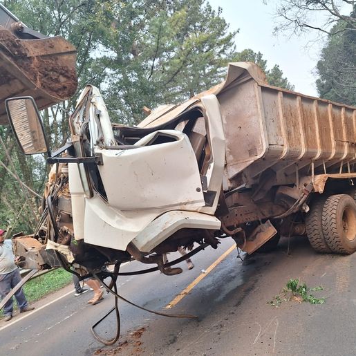 Caminhão capota após pneu estourar na SC-157, em Novo Horizonte