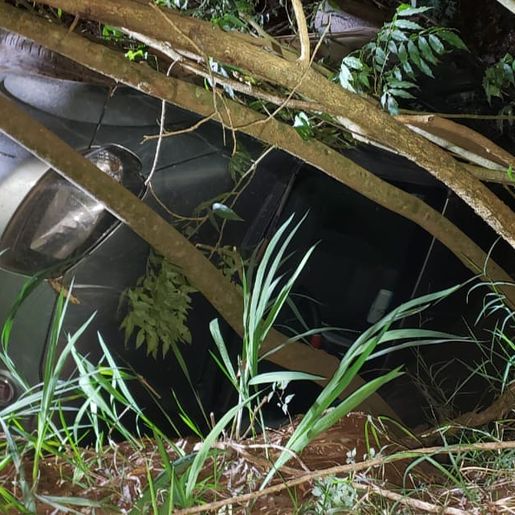 Motorista sai ileso após tombar carro em córrego