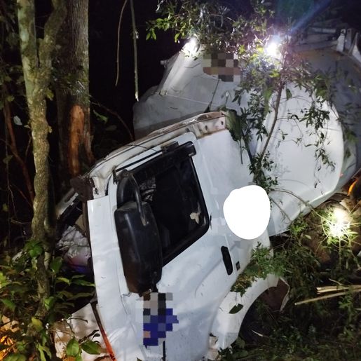 Caminhão carregado com ração capota e motorista morre na BR-282, em Iraceminha