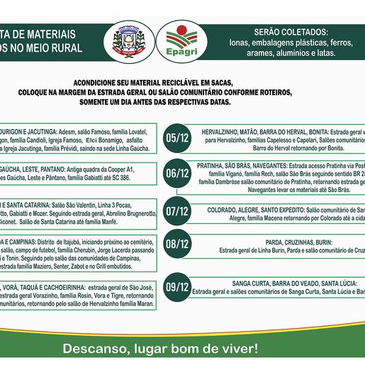 Coleta de materiais no interior vai começar na próxima semana em Descanso