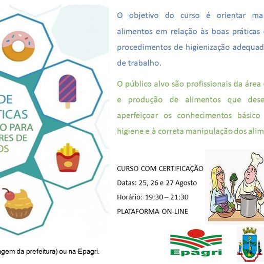 Secretaria de Agricultura e Epagri de Mondaí promovem curso online de manipulação de alimentos