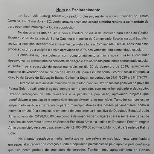 Vereador de Palma Sola renuncia ao cargo no legislativo