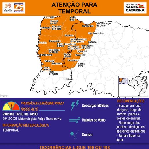 Defesa Civil alerta para temporais, ventania e granizo na região nesta quarta-feira