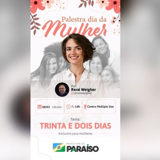 Mulheres de Paraíso terão palestra especial em celebração ao Dia Internacional da Mulher