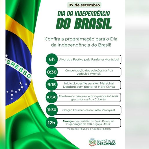 Semana da Pátria em Descanso terá fanfarra, pelotões no desfile e costelão