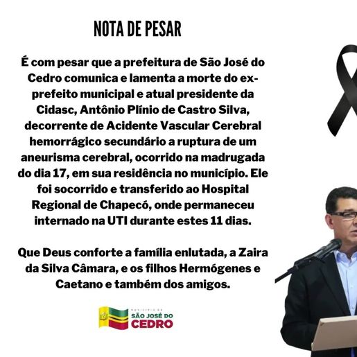 Prefeitura de São José do Cedro decreta luto oficial