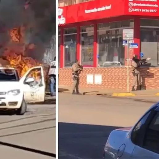 Invasão a banco deixa reféns, tem troca de tiros e carro incendiado no interior de SC