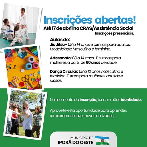 Inscrições em oficinas do CRAS encerram nesta quinta, em Iporã do Oeste