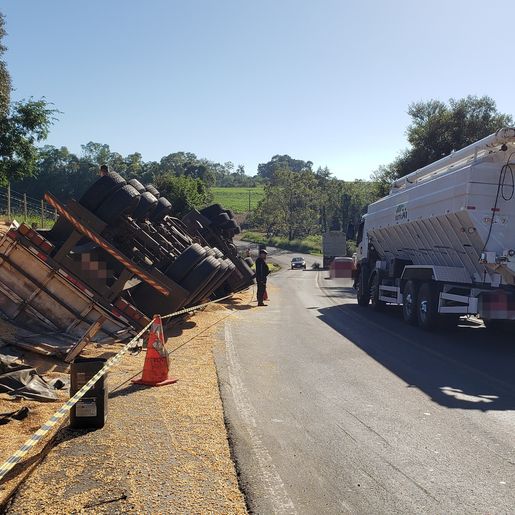 Carreta carregada com milho tomba às margens da SC-163, em Descanso