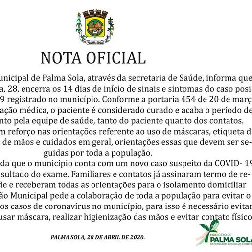 Paciente diagnosticado com Covid-19 em Palma Sola está curado