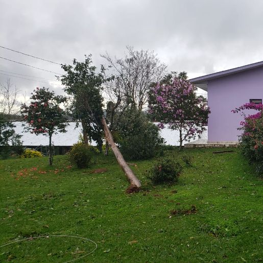 Galpão tem metade do telhado arrancado pelos fortes ventos em propriedade de Iporã do Oeste