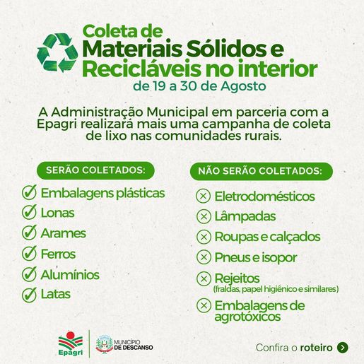 Descanso inicia coleta de materiais sólidos e recicláveis no interior