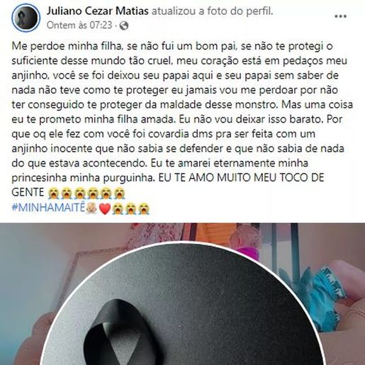 'Coração está em pedaços', diz pai de menina de 2 anos morta em SC