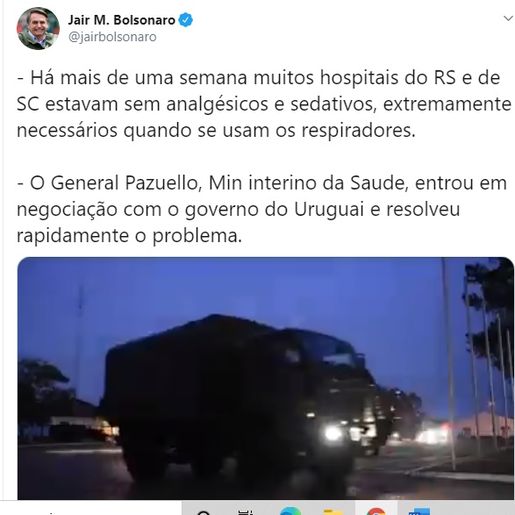 Bolsonaro posta vídeo sobre importação de medicamentos para SC e RS