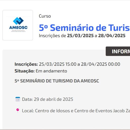 Seminário de Turismo da Ameosc será em Palma Sola no fim de maio