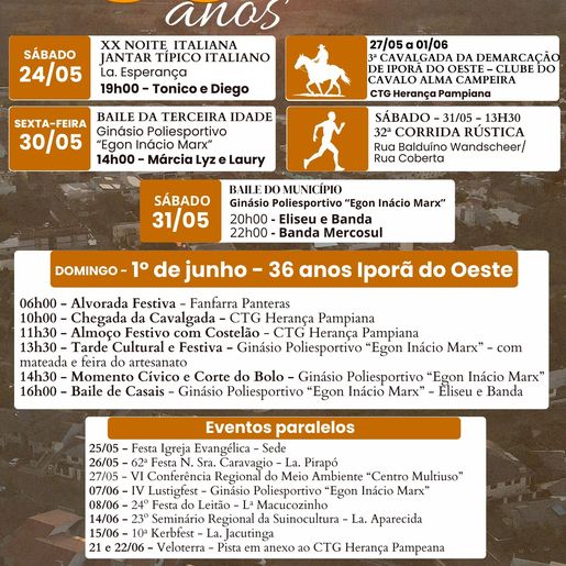 Novidades marcam programação do 36º aniversário de Iporã do Oeste