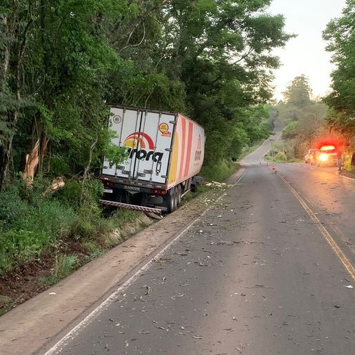 Caminhão de Iporã do Oeste sai da pista e colide em árvores na SC 163