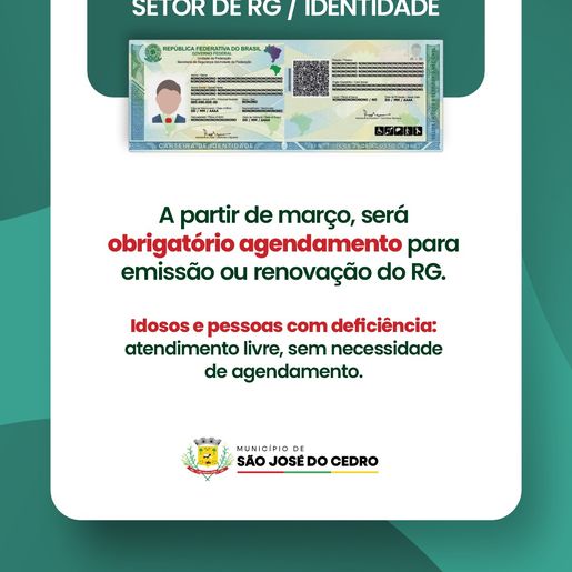 Emissão de RG passa a exigir agendamento em São José do Cedro