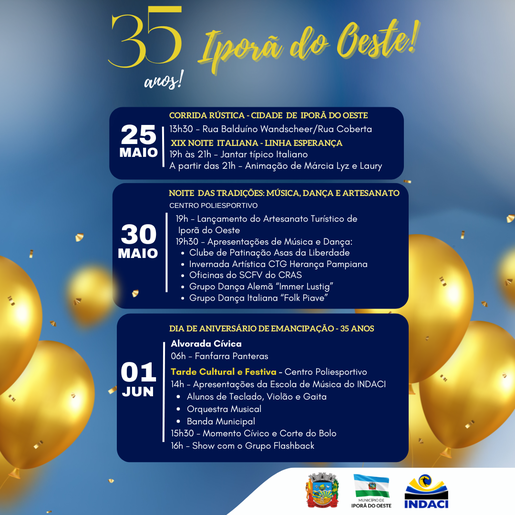 Programação do aniversário de 35 anos de Iporã do Oeste inicia neste sábado