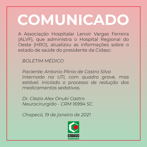 Hospital Regional inicia redução de sedativos do presidente da Cidasc