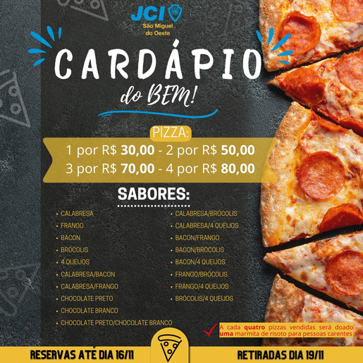 Neste mês, JCI promove venda de pizzas através da campanha Cardápio do Bem