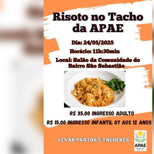 Apae realiza neste sábado o tradicional “Risoto no Tacho” em São Miguel do Oeste