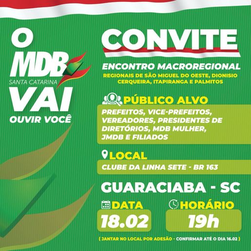 Guaraciaba abre roteiro do MDB pelo Estado com encontro regional nesta quarta