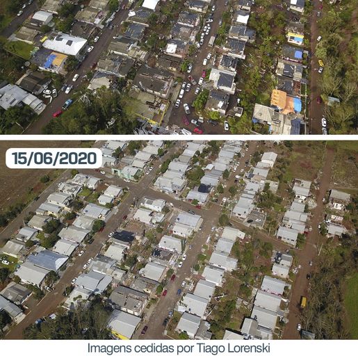 Imagens aéreas mostram reconstrução pós-tornado em bairro de Descanso
