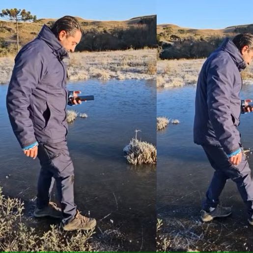 Fotógrafo caminha sobre lago congelado em dia com 40 cidades abaixo de zero em SC