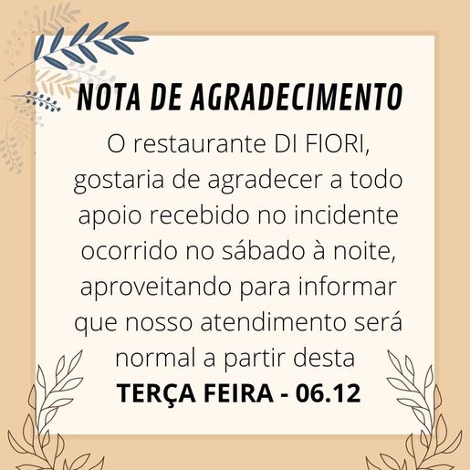 Após incêndio, Restaurante DIFIORI retoma atendimento normal nesta terça-feira